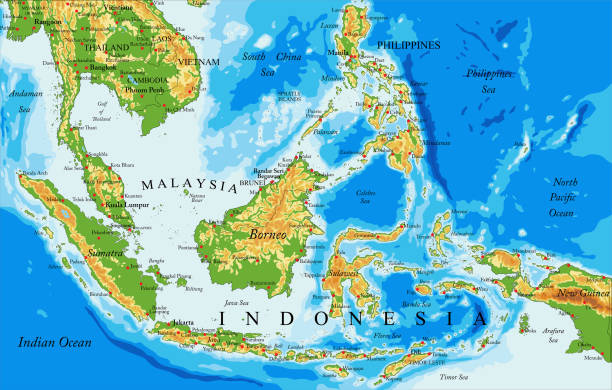 Indonesia physical map Highly detailed physical map of Indonesia,in vector format,with all the relief forms,countries and big cities makassar stock illustrations