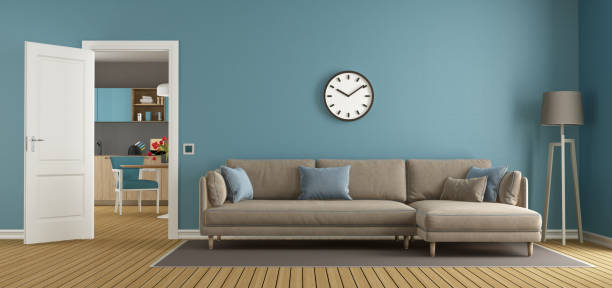 istock Blue and brown living room with kitchen 875399334
