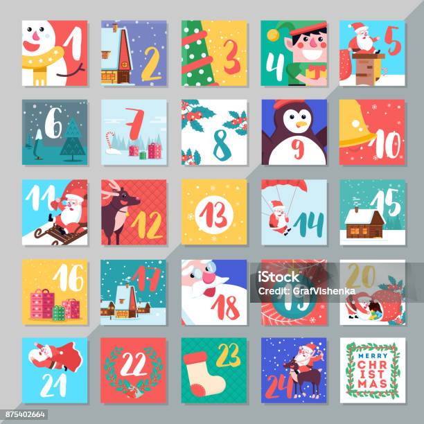 Ilustración de Navidad Vacaciones Adviento Calendario Plantilla Diseño Feliz Da De La Navidad y más Vectores Libres de Derechos de Calendario navideño