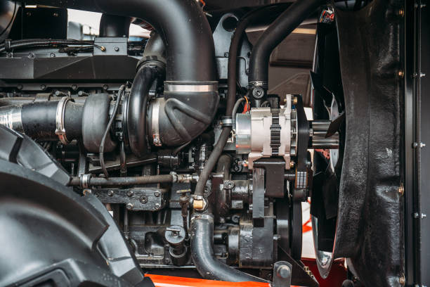 istock Powerful high-tech tractor or industrial harvester engine, modern design, new agricultural technology concept 875403156