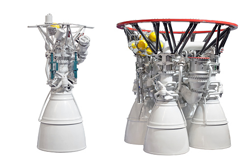 Rocket engines, engine with two nozzles and engine with four nozzles. Isolated on white backgroung