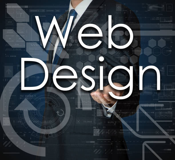 o empresário é apresentar o texto de negócios com a mão: Web Design - foto de acervo