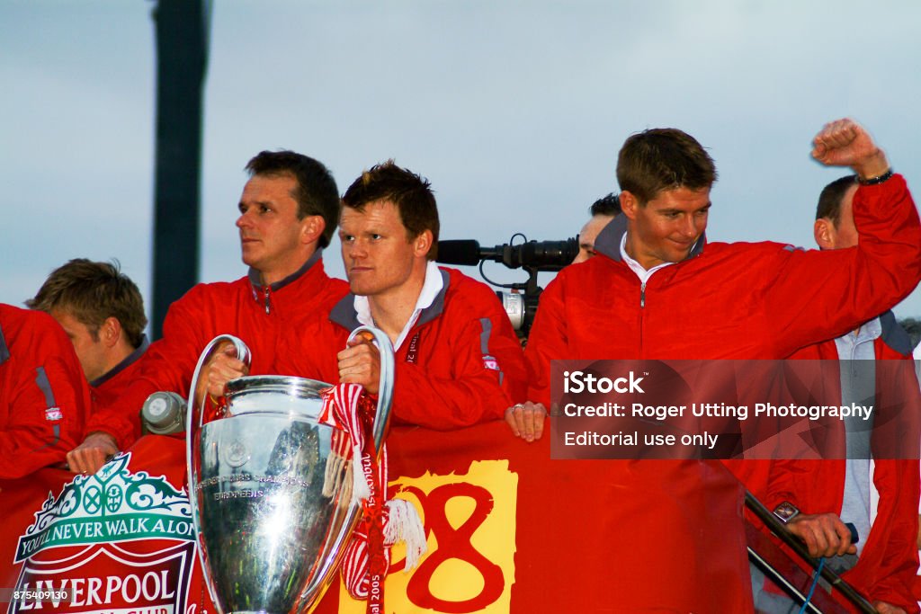 The Champions of Europe 2005 26th May 2005, Liverpool, UK. The Liverpool FC team bus after they won the Champions League cup in Istanbul. Steven Gerrard, John Arne Riise and Dietmar Hamman are visible Horizontal Stock Photo