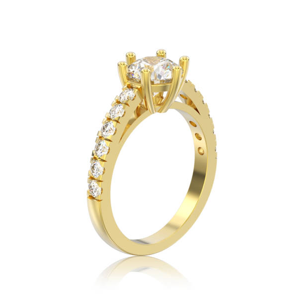 istock 3D illustration isolated yellow gold solitaire engagement diamond ring with reflection 875422504