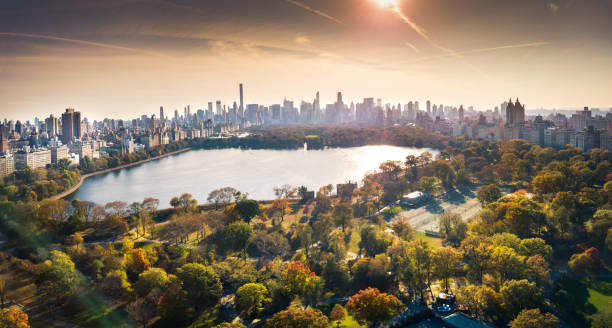 New York panorama from Central park, aerial view New York panorama from Central park, aerial view in autumn season new york city built structure building exterior aerial view stock pictures, royalty-free photos & images