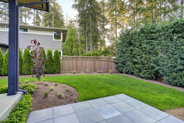 istock New modern home features a backyard with beautiful garden. 875424334