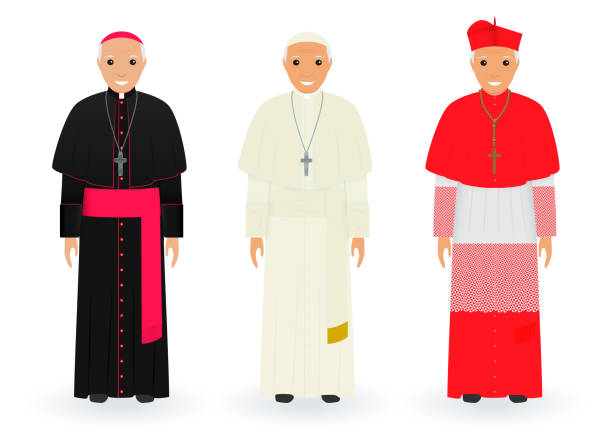 ilustraciones, imágenes clip art, dibujos animados e iconos de stock de personajes papa, cardenal y obispo de ropa característica de pie juntos. sacerdotes católicos supremos en sotanas. - we have a pope