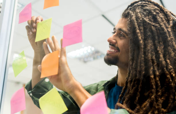 istock Happy black man adding ideas and brainstorming at the office on adhesive notes smiling 875430042