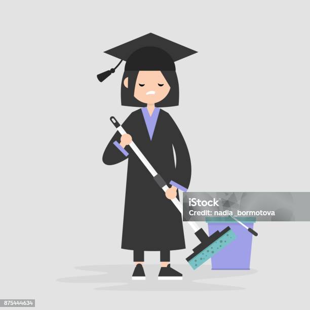 Labor Market Crisis A University Graduate Forced To Work At The Lowskilled Job Unemployment Postgraduation Problems Young Character Wearing An Academic Robe And Hat And Moping The Floor Stock Illustration - Download Image Now