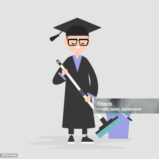 Labor Market Crisis A University Graduate Forced To Work At The Lowskilled Job Unemployment Postgraduation Problems Young Character Wearing An Academic Robe And Hat And Moping The Floor Stock Illustration - Download Image Now