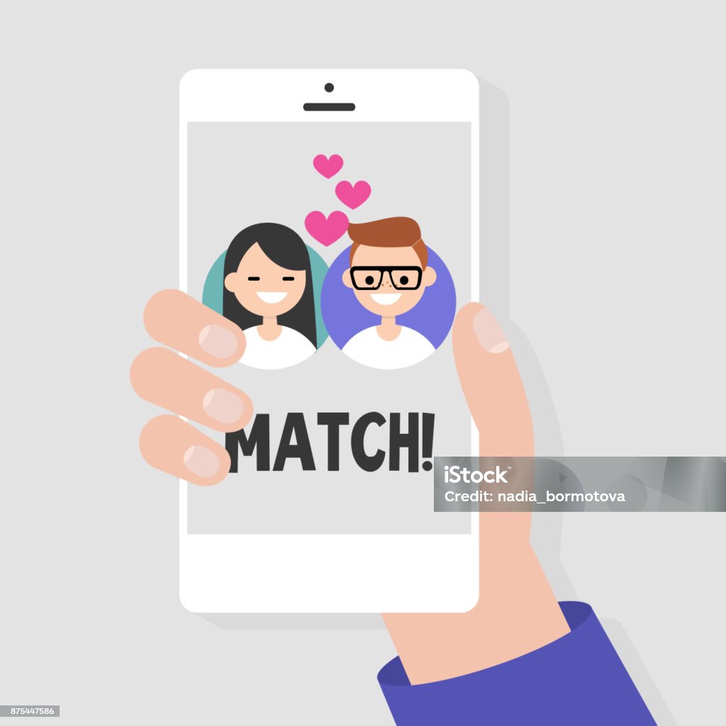 Dating service, mobile application. A hand holding a smart phone. Love and relationships. Interracial couple / flat editable vector illustration, clip art Dating stock vector