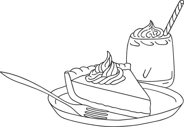 ilustrações de stock, clip art, desenhos animados e ícones de pumpkin pie with whipped cream on plate fork. freehand line art style. graphic black color sketch vector illustration. thanksgiving. isolated coloring page. greeting card  poster - pie baked food pumpkin pie