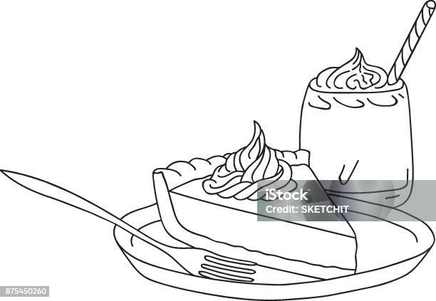 Pumpkin Pie With Whipped Cream On Plate Fork Freehand Line Art Style Graphic Black Color Sketch Vector Illustration Thanksgiving Isolated Coloring Page Greeting Card Poster Stock Illustration - Download Image Now