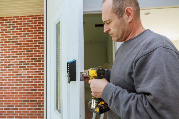 istock Installation locked interior door woodworker hands install lock 875451190