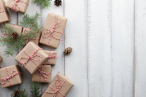 Christmas presents and gift boxes wrapped in kraft paper