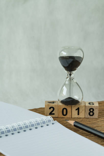istock minimal new year 2018 goals, target or checklist concept as number 2018 wooden cube block with sandglass and white paper note with pencil on wooden table 875457384
