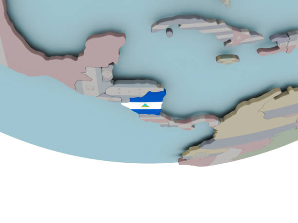 3D illustration of Nicaragua with embedded flag on political globe. 3D render. 3D model of planet created and rendered in Cheetah3D software, 29 Sep 2017.