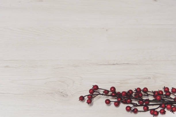istock Red berries branch on wooden background 875458574