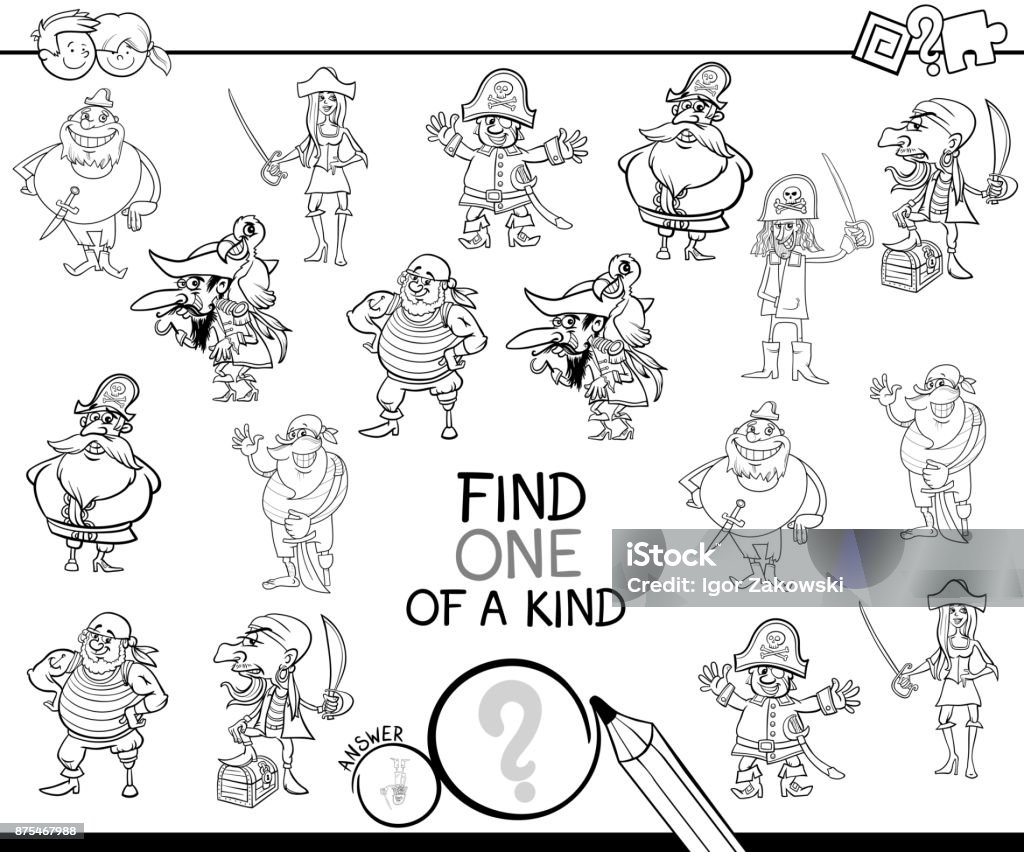 one of a kind game with pirates color book Black and White Cartoon Illustration of Find One of a Kind Educational Activity Game for Children with Pirates Comic Characters Coloring Book Leisure Games stock vector