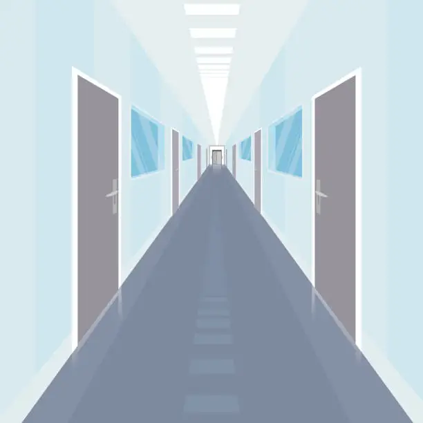 Vector illustration of Interior of long and narrow corridor in office