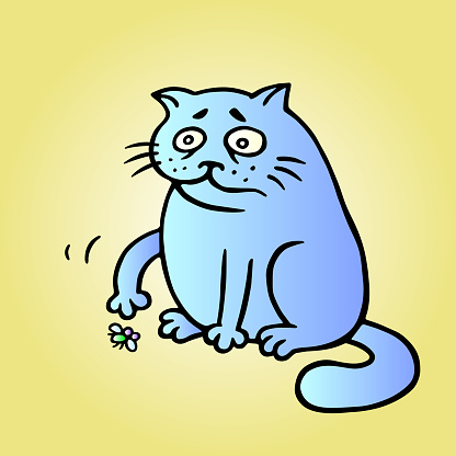 Cat wants to play and the fly is tired and has died. Play with me. Vector Illustration. Cute fat pet character.