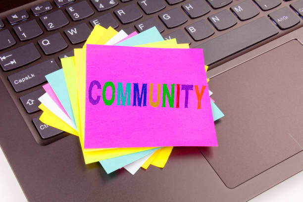 istock Community writing text made in the office close-up on laptop computer keyboard. Business concept for togetherness on the black background with copy space 875471118
