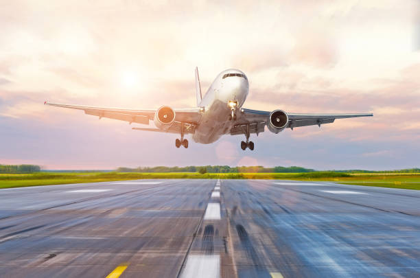 istock Passenger airplane landing at sunset on a runway. 875471298