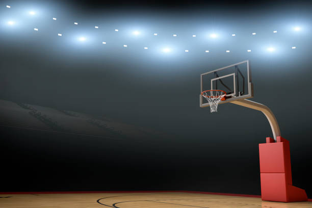 Basketball Stadium Arena Background A empty basketball stadium / arena with stadium lights, goal, hardwood floor, and flares. college basketball court stock pictures, royalty-free photos & images