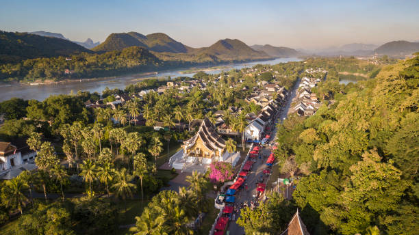Drone aerial view of Luang Prabang, Laos Aerial photograph of UNESCO heritage town of Luang Prabang in Laos, South-East Asia. laos photos stock pictures, royalty-free photos & images