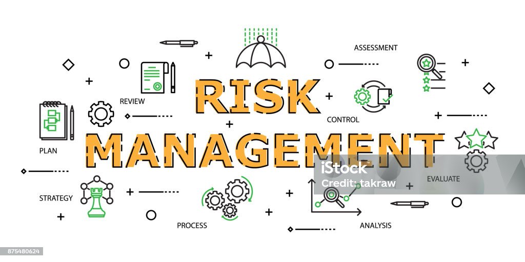 Modern Flat thin line Icon Set in Concept of Risk Management with word Strategy,Risk Management,Assessment,Plan,Review,Evaluate,Analysis,Process. Editable Stroke. Risk Management stock vector