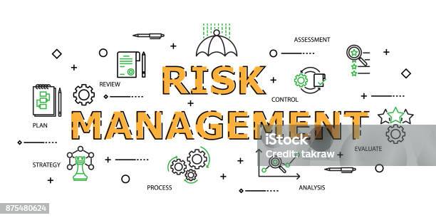 Modern Flat Thin Line Icon Set In Concept Of Risk Management With Word Strategyrisk Managementassessmentplanreviewevaluateanalysisprocess Editable Stroke Stock Illustration - Download Image Now