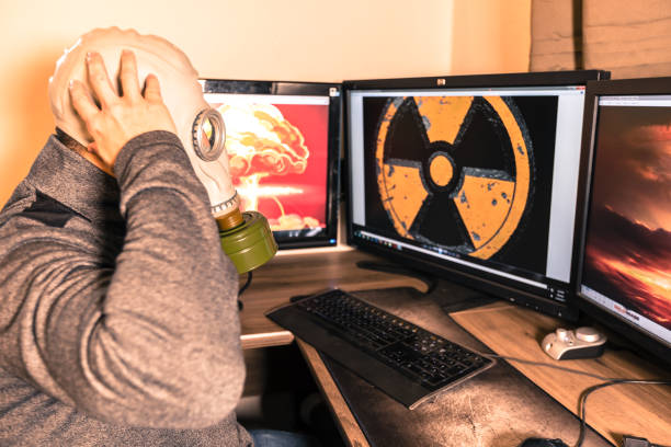 istock Civilian wearing nuclear gas mask during nuclear fallout 875484486