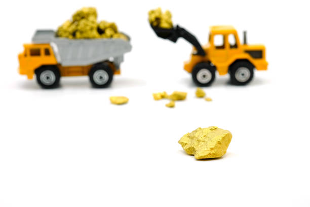 istock Gold ore mine with  Dump truck and bulldozer on white background 875494236