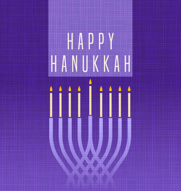 Happy Hanukkah card. Modern Menorah with candles on deep purple background. For greeting cards, banners, posters.