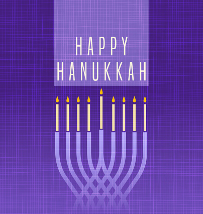 Happy Hanukkah card. Modern Menorah with candles on deep purple background. For greeting cards, banners, posters.