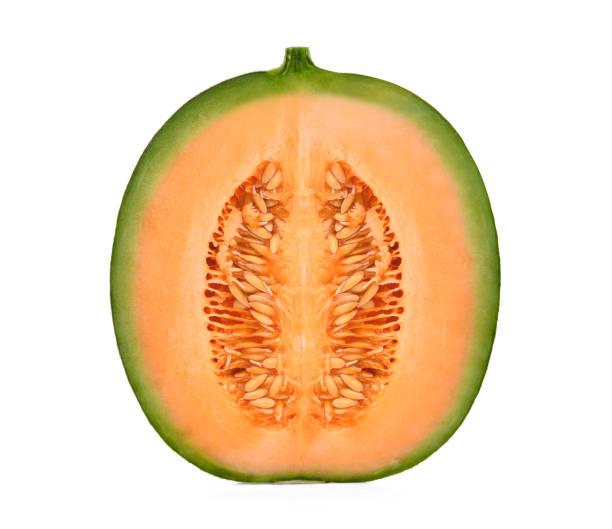 halber schnitt der japanischen melonen, orangen melone oder cantaloupe-melone mit samen isoliert auf weißem hintergrund - 2234 stock-fotos und bilder