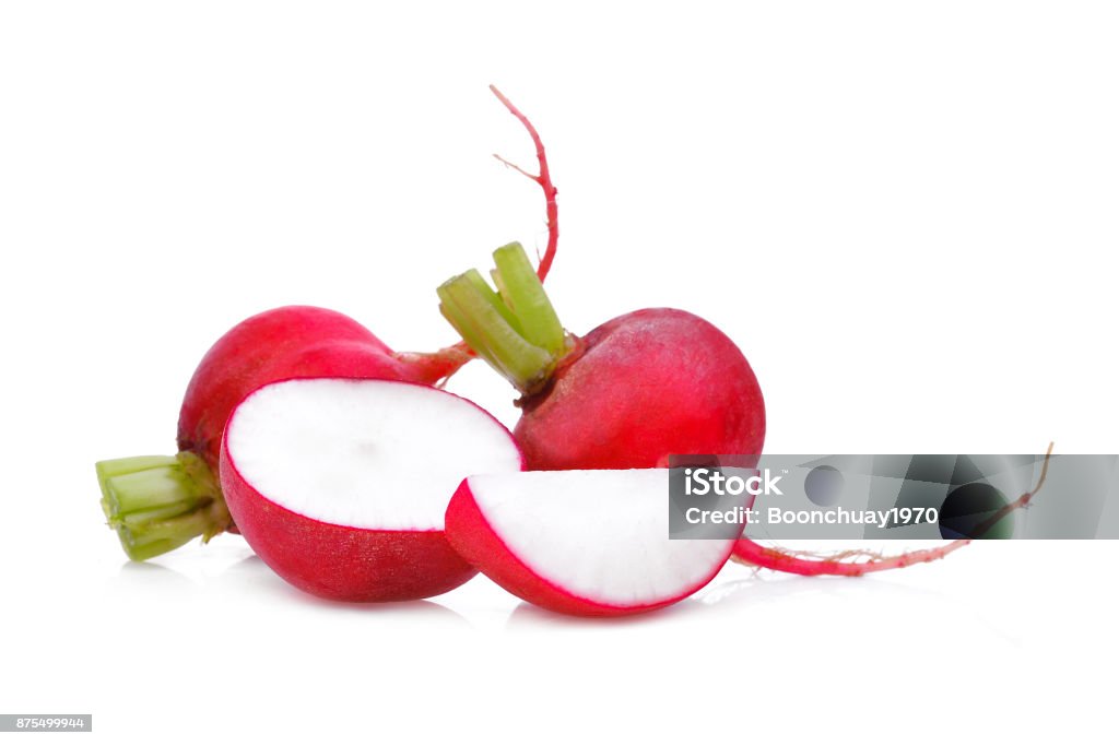 two small red garden radish with half and slices isolated on white background Radish Stock Photo
