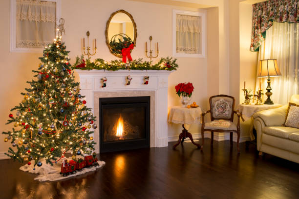 istock Family room fireplace with Christmas decorations 875502666