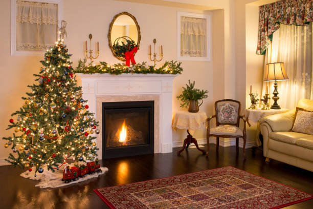 istock Family room fireplace with Christmas decorations 875502680