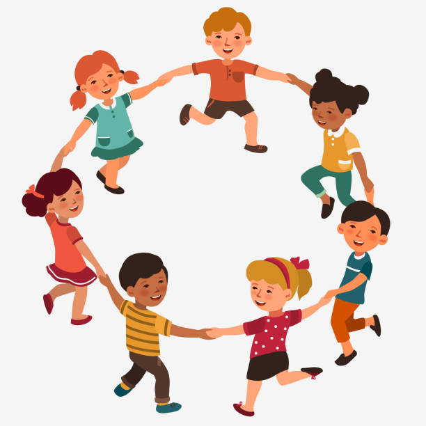 Happy kids holding hands and dancing in a circle. Cute boys and girls having fun. Cartoon outline style Happy kids holding hands and dancing in a circle. Cute boys and girls having fun. Cartoon outline style kids holding hands stock illustrations