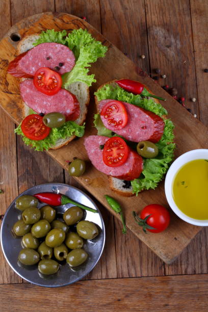 delicious Smoked sausage sandwich on table mat