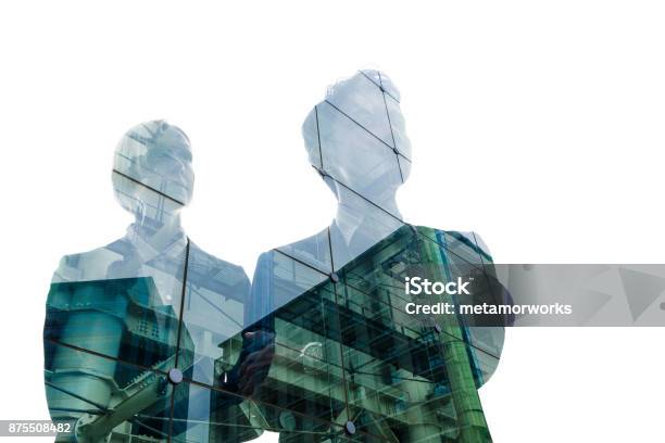 Double Exposure Of Business Person And Cityscape Stock Photo - Download Image Now - The Way Forward, Business, Multiple Exposure