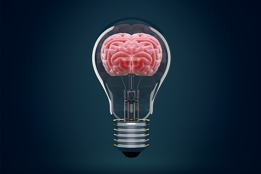Human brain is inside a light bulb. Brains and ideas concept design.