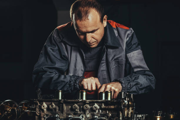 istock V8 Engine repair in auto repair shop 875512520