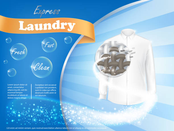 Laundry detergent advertising poster Dirty white shirt with close-up of fiber structure and soap bubbles on blue background, vector realistic banner . Mockup package design laundry detergent ad cleaning drawings stock illustrations