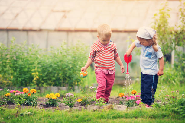 boy und boy spielen im garten - friendship park flower outdoors stock-fotos und bilder