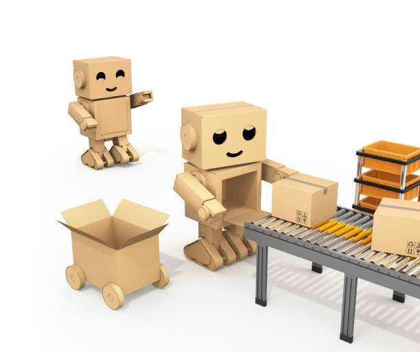 istock Cute Cardboard Robot picking up cardboard parcel from conveyor belt 875518380