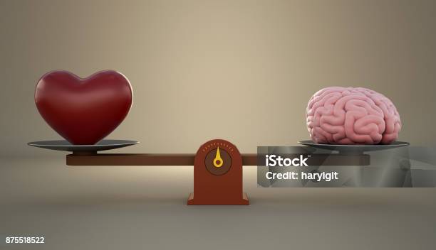 Brain And Heart On A Wooden Balance Scale Stock Photo - Download Image Now - Emotion, Law, Heart Shape