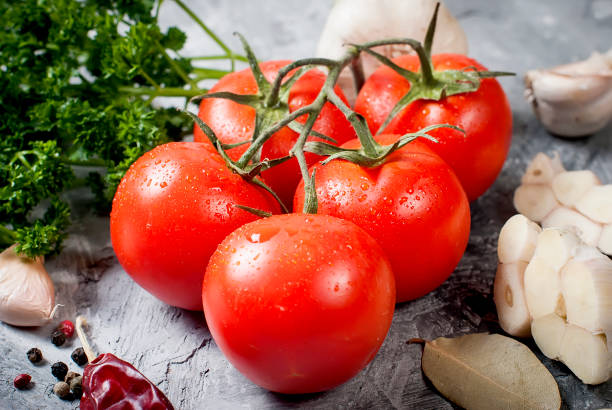 istock Branch tomatoes and herbs on grey background 875518818