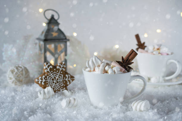 istock Cup of hot beverage with marshmallow and spices on snow background. 875524096